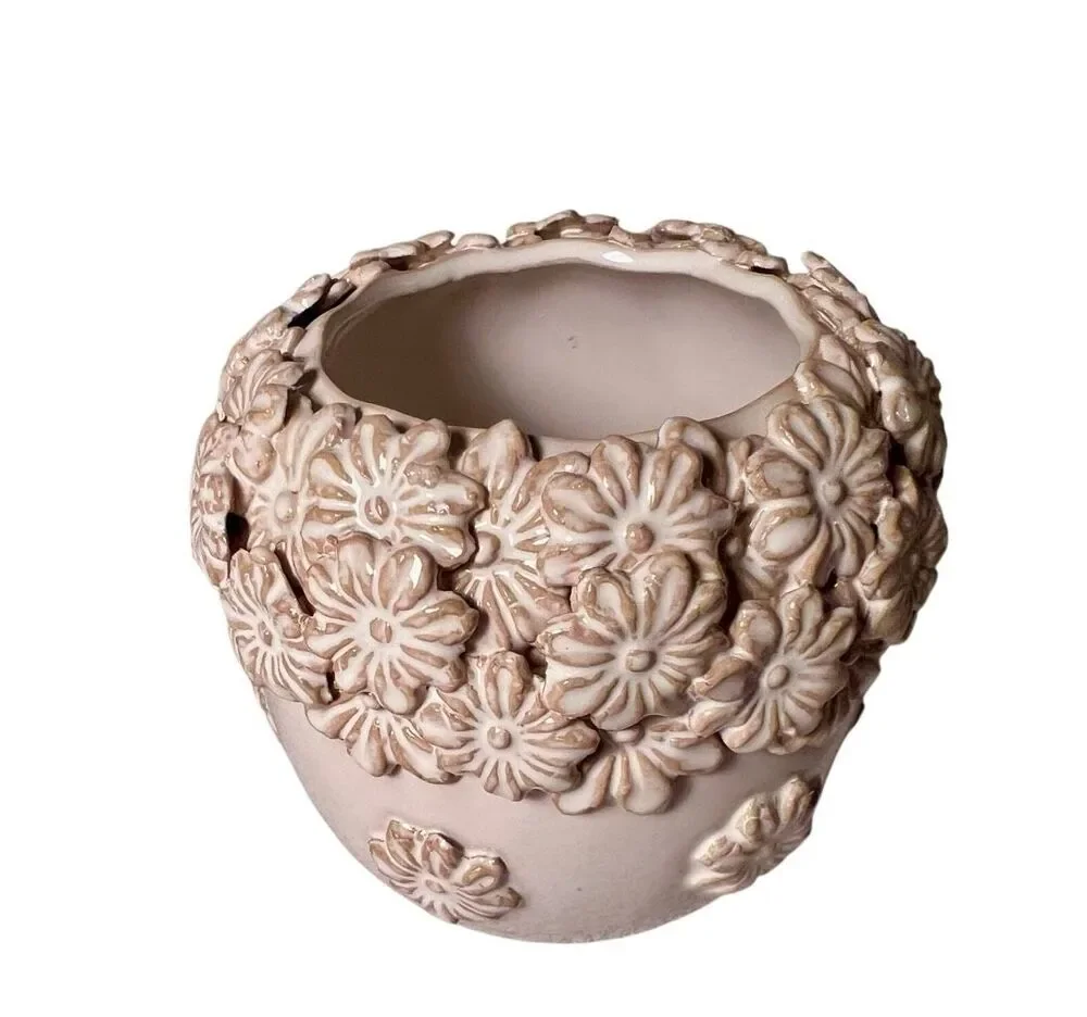 Ceramic Planter With Intricate 3D Floral Relief Cascading Sculpted Blossoms